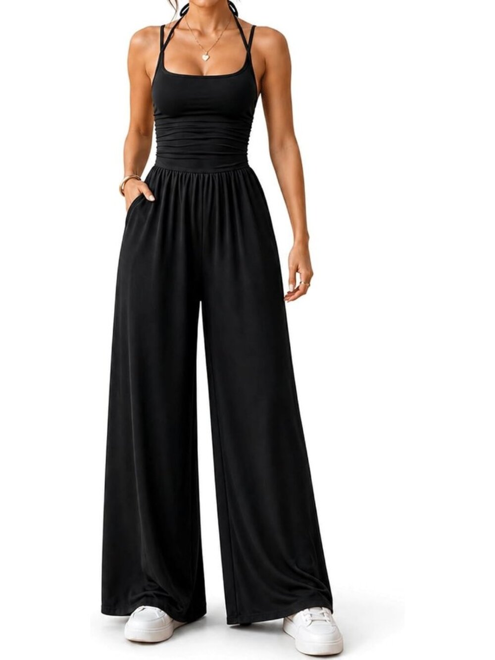 Women's Black Wide Leg Jumpsuit Thin Straps Summer Going Out Party Casual